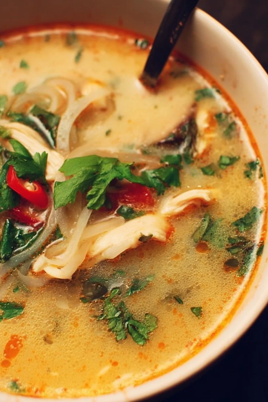 A bowl of steaming Thai inspired chicken soup with herbs and spices.