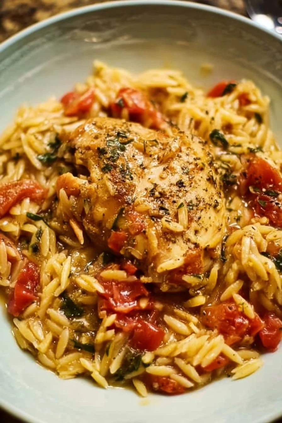 Delicious Tuscan Chicken and Orzo dish with vibrant vegetables.