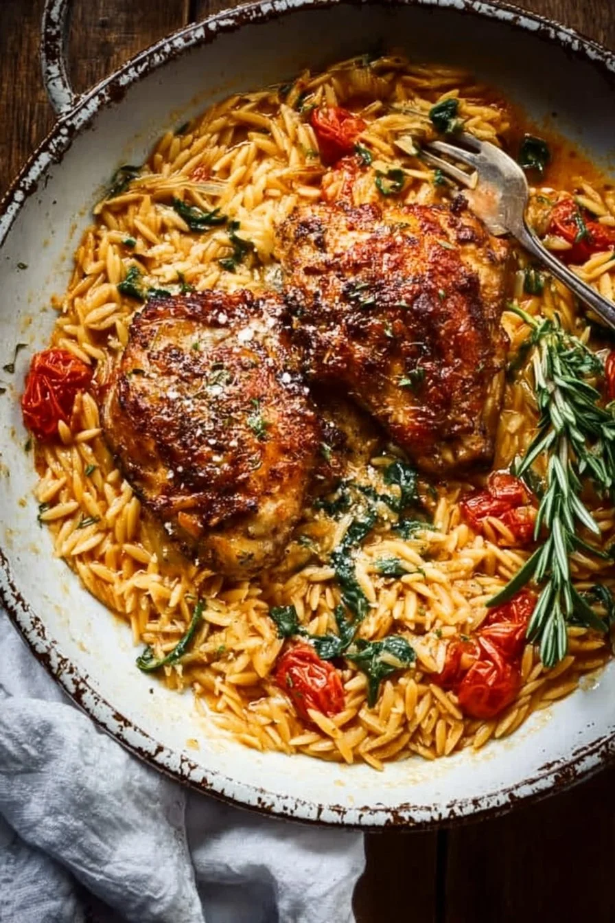 Delicious Tuscan Chicken served with orzo and fresh vegetables.
