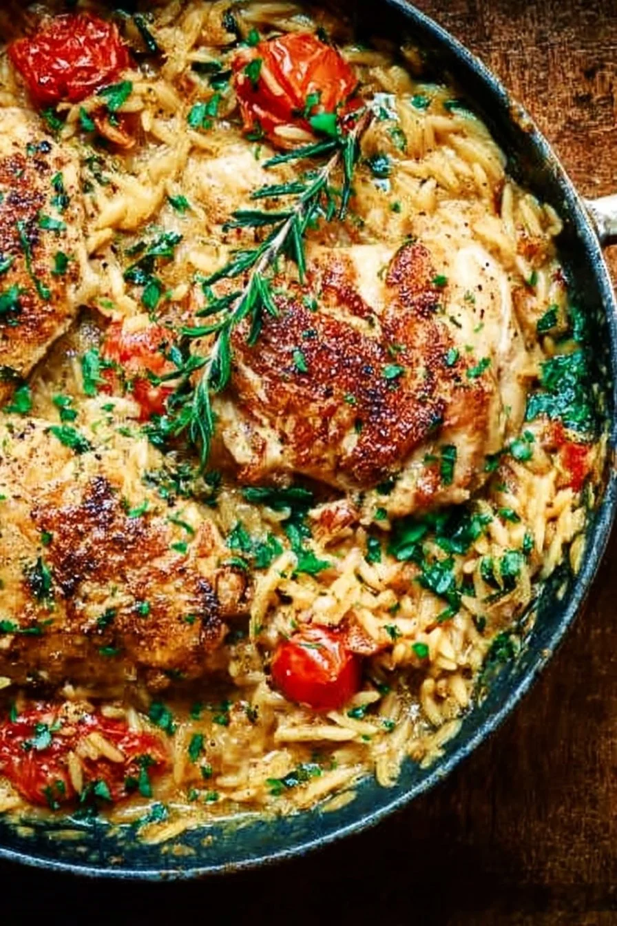 Tuscan Chicken & Orzo Skillet 2 Delicious Tuscan Chicken & Orzo Skillet served in a rustic pan