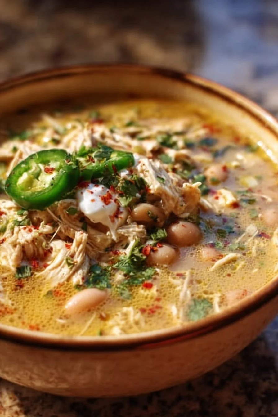 Delicious bowl of white chicken chili with beans and green chilies