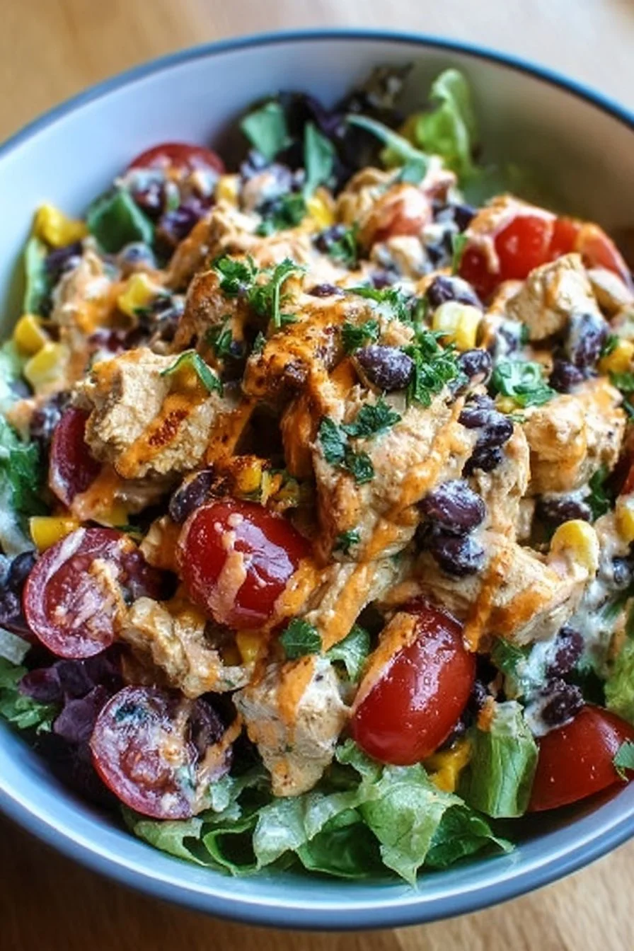Bowl of Zesty Southwest Chicken Salad with vibrant vegetables and grilled chicken