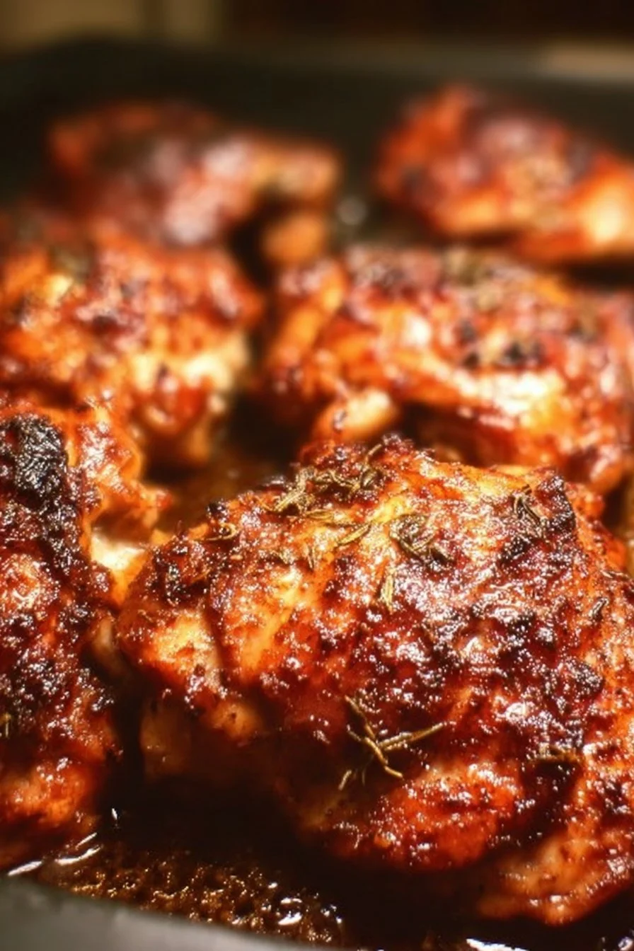 Oven baked boneless skinless chicken thighs served on a plate with herbs