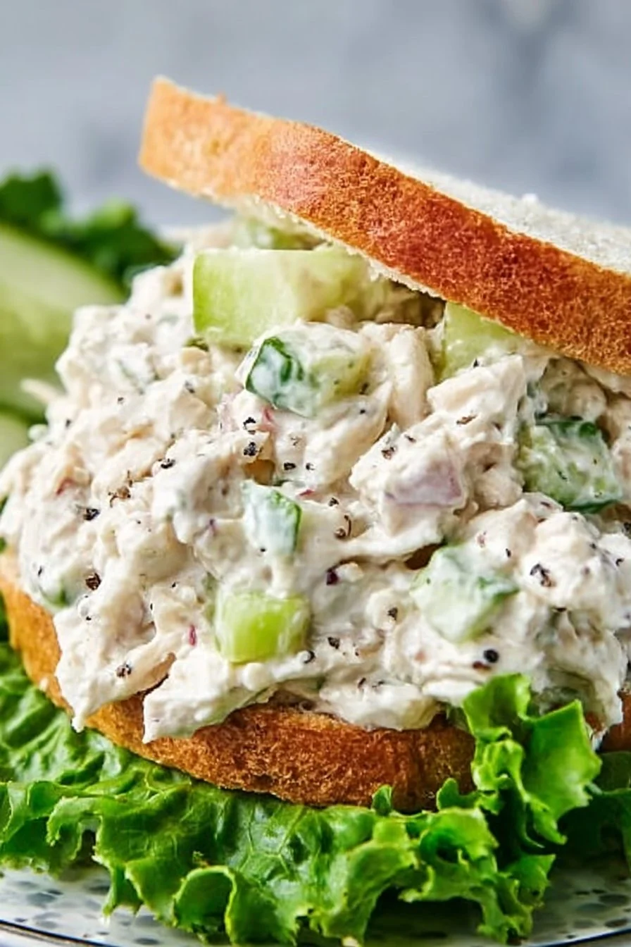 Classic chicken salad sandwich with ingredients like chicken, mayonnaise, and celery.