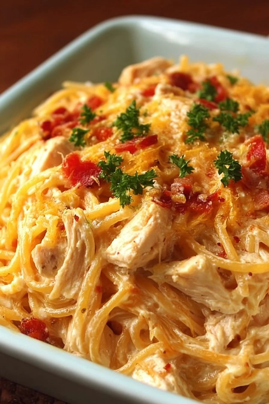 Delicious plate of addictive chicken spaghetti with creamy sauce and herbs