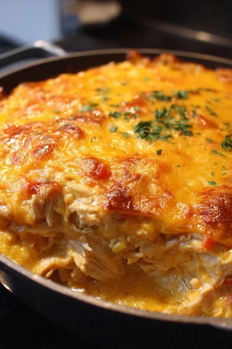 Quick and easy Texas King Ranch Chicken Casserole ready to serve.