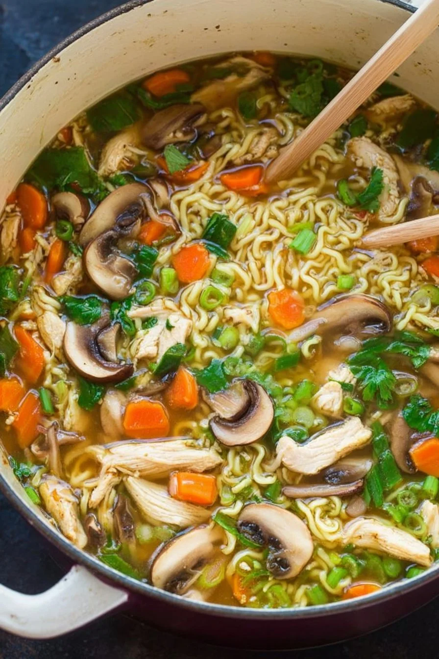 Bowl of Asian Chicken Noodle Soup with fresh vegetables and herbs