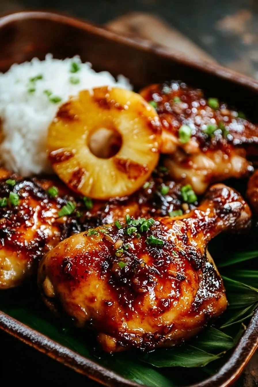 Oven-baked Huli Huli Chicken garnished with fresh herbs and pineapple slices