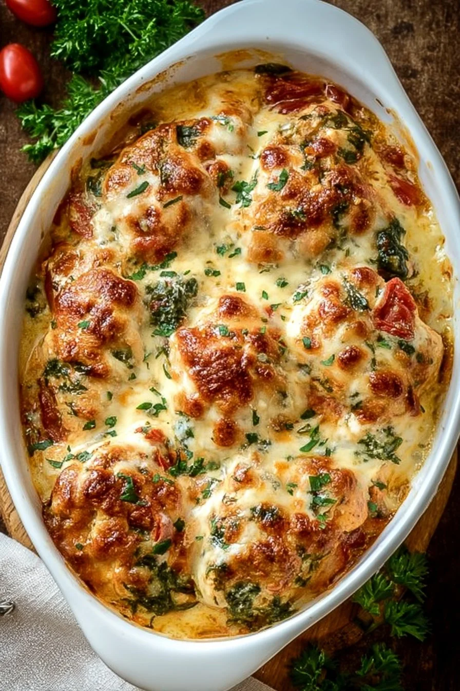 Baked Tuscan Chicken Casserole 2 Baked Tuscan Chicken Casserole with creamy sauce and vegetables