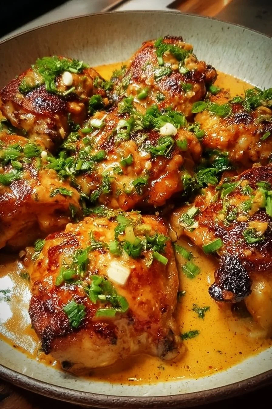 Delicious Bang Bang Chicken thighs garnished and ready to serve