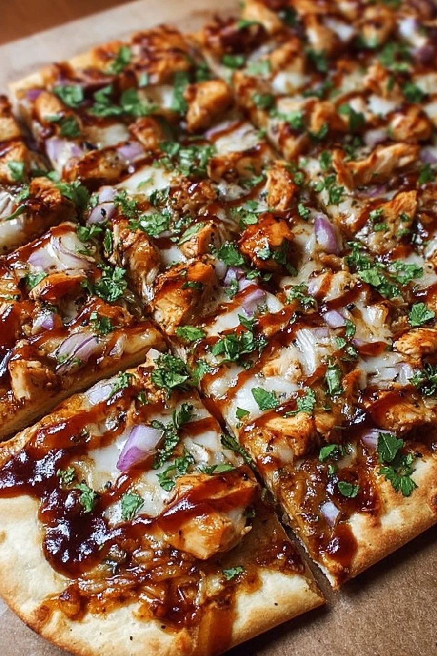 BBQ Chicken Flatbread Pizza topped with chicken, BBQ sauce, and fresh ingredients