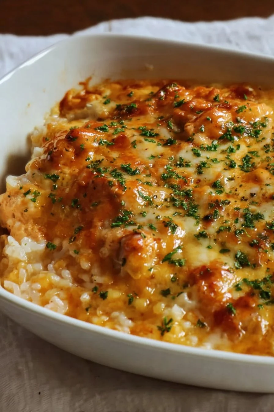 BBQ Ranch Chicken Casserole in a baking dish, topped with cheese and green onions
