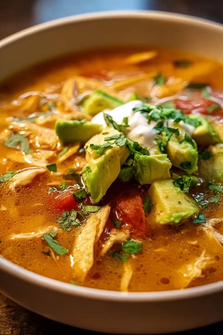 Easy chicken tortilla soup garnished with crispy tortilla strips and avocado