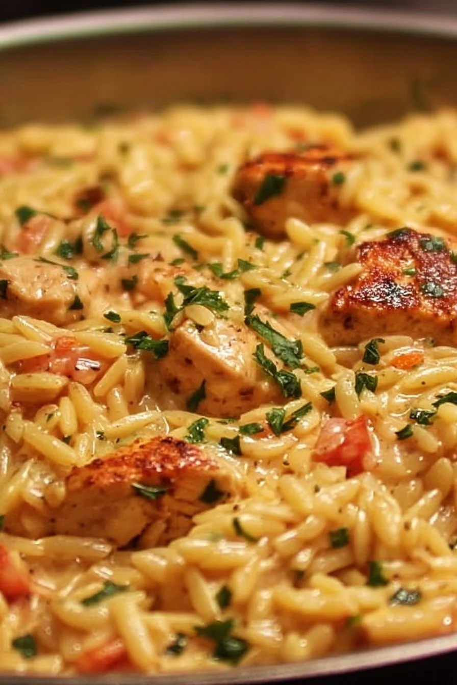 One pot Cajun Chicken Alfredo with orzo pasta and spices