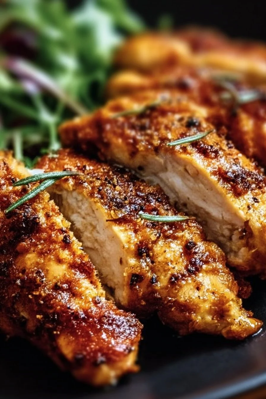 Juicy roasted chicken tenderloins served on a plate with herbs and vegetables.