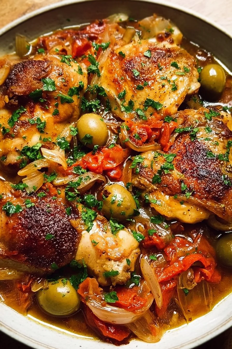 Delicious Braised Chicken Provençal garnished with herbs and served on a plate.