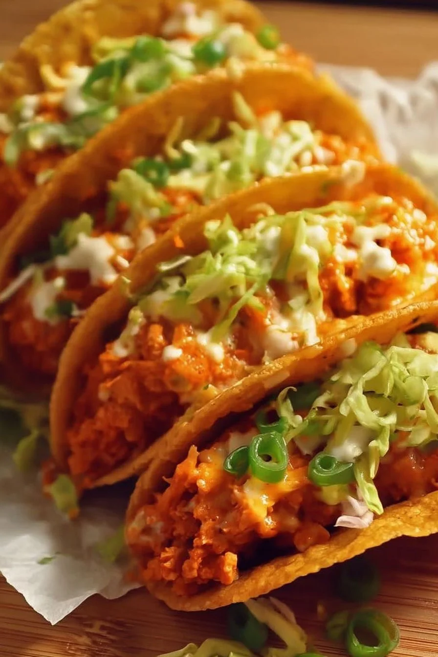 Buffalo Chicken Smash Burger Tacos 3 Buffalo Chicken Smash Burger Tacos served with spicy sauce