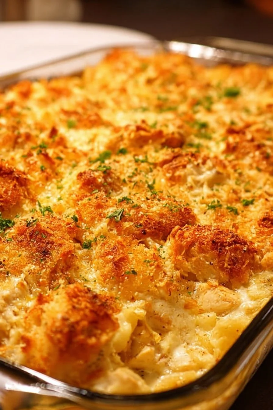 Buttery Million Dollar Chicken Casserole served in a dish