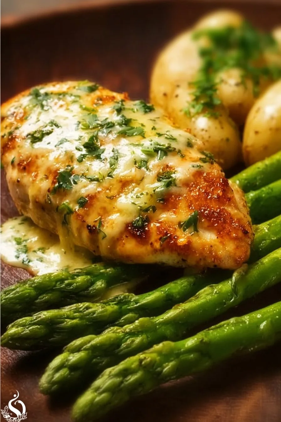 Caesar Chicken with Asparagus 3 Caesar Chicken with Asparagus dish garnished and served on a plate