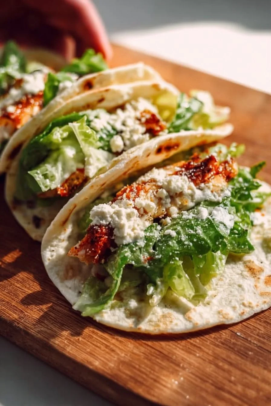 Delicious Caesar Salad Tacos plated with fresh ingredients and toppings.
