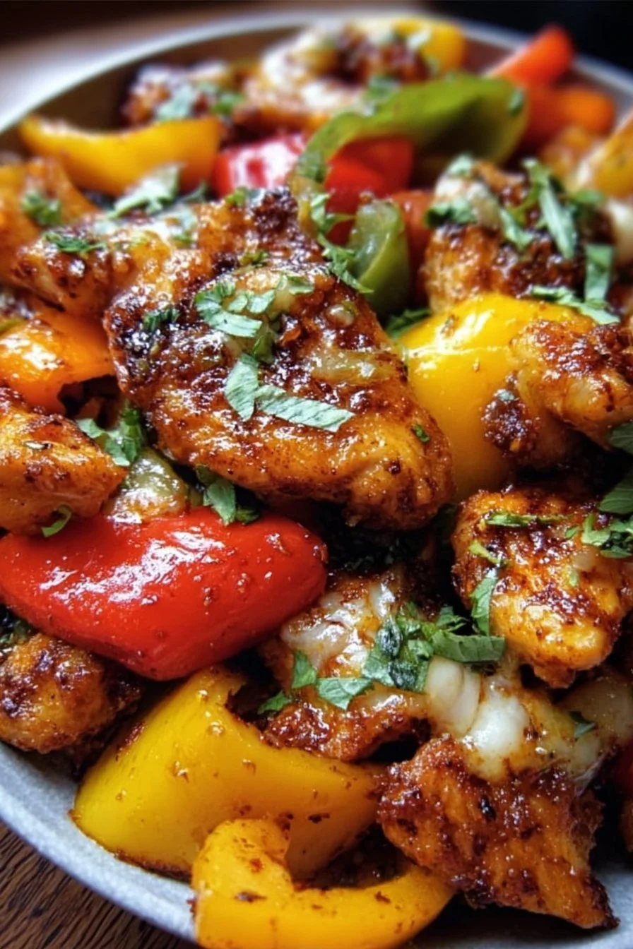 Cajun Chicken cooked with colorful bell peppers, showcasing a spicy dish.
