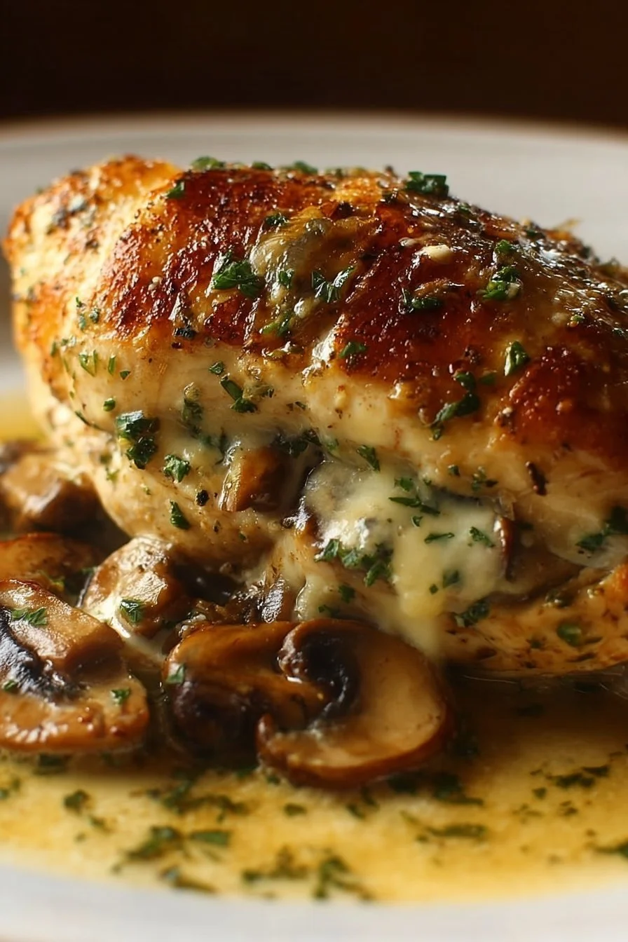 Cheesy Garlic Butter Mushroom Stuffed Chicken on a plate garnished with herbs