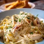 One-pot chicken alfredo pasta with cheese served in a bowl