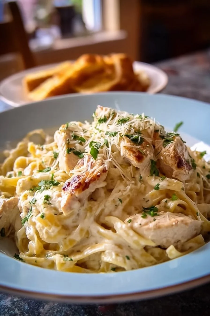 One-pot chicken alfredo pasta with cheese served in a bowl