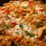 Cheesy Queso Chicken Fajita Rice Skillet topped with fresh ingredients