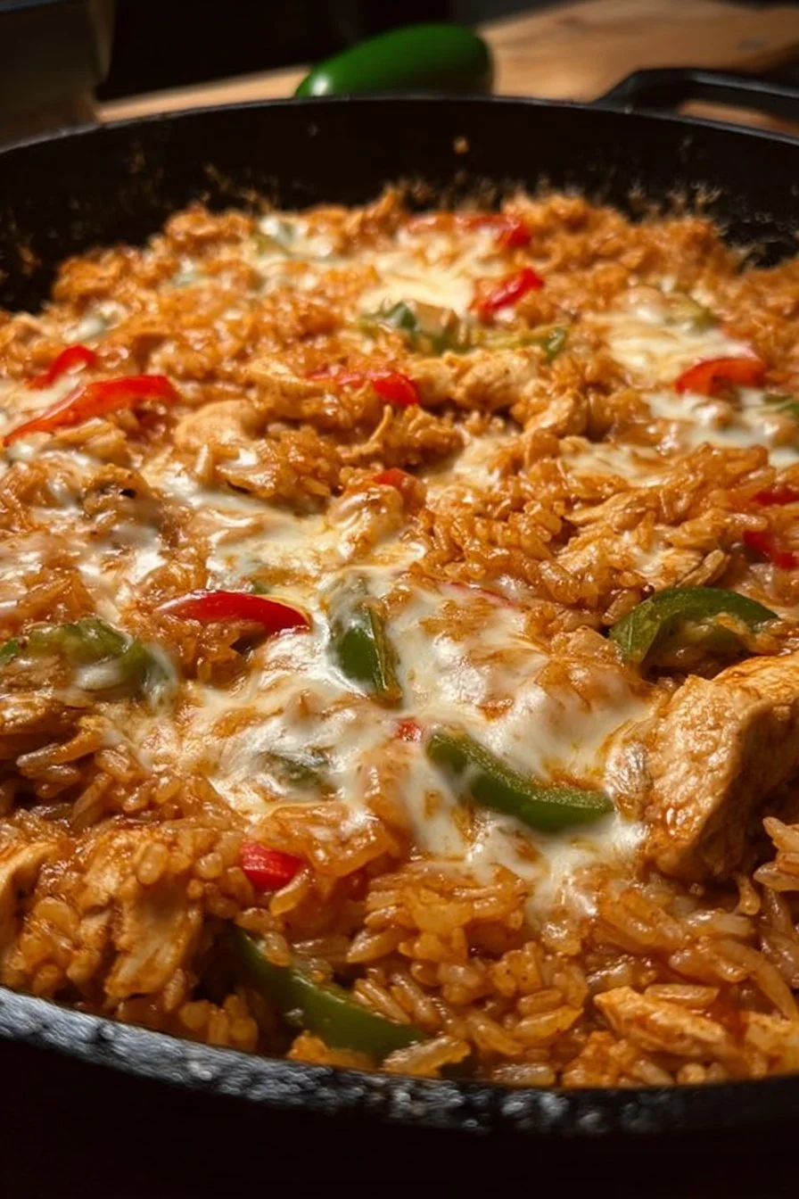 Cheesy Queso Chicken Fajita Rice Skillet topped with fresh ingredients