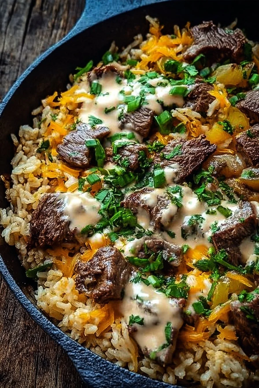 Cheesy Steak and Rice Skillet recipe featuring tender steak and creamy rice.