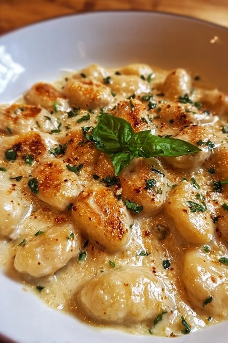 Creamy Chicken Alfredo Gnocchi served in a bowl with herbs and parmesan