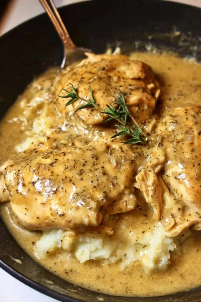Delicious chicken and gravy dish cooked stovetop, ready to be served.