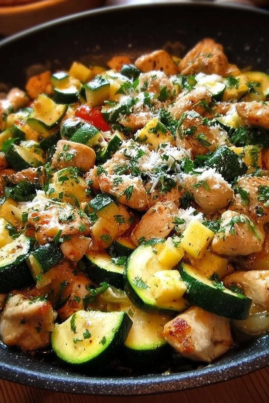 Chicken and Zucchini Skillet 2 Chicken and zucchini skillet dish with vibrant vegetables and tender chicken.