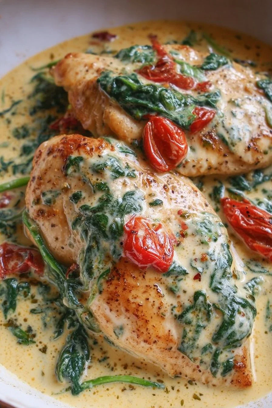 Chicken breasts in creamy spinach Parmesan sauce served on a plate