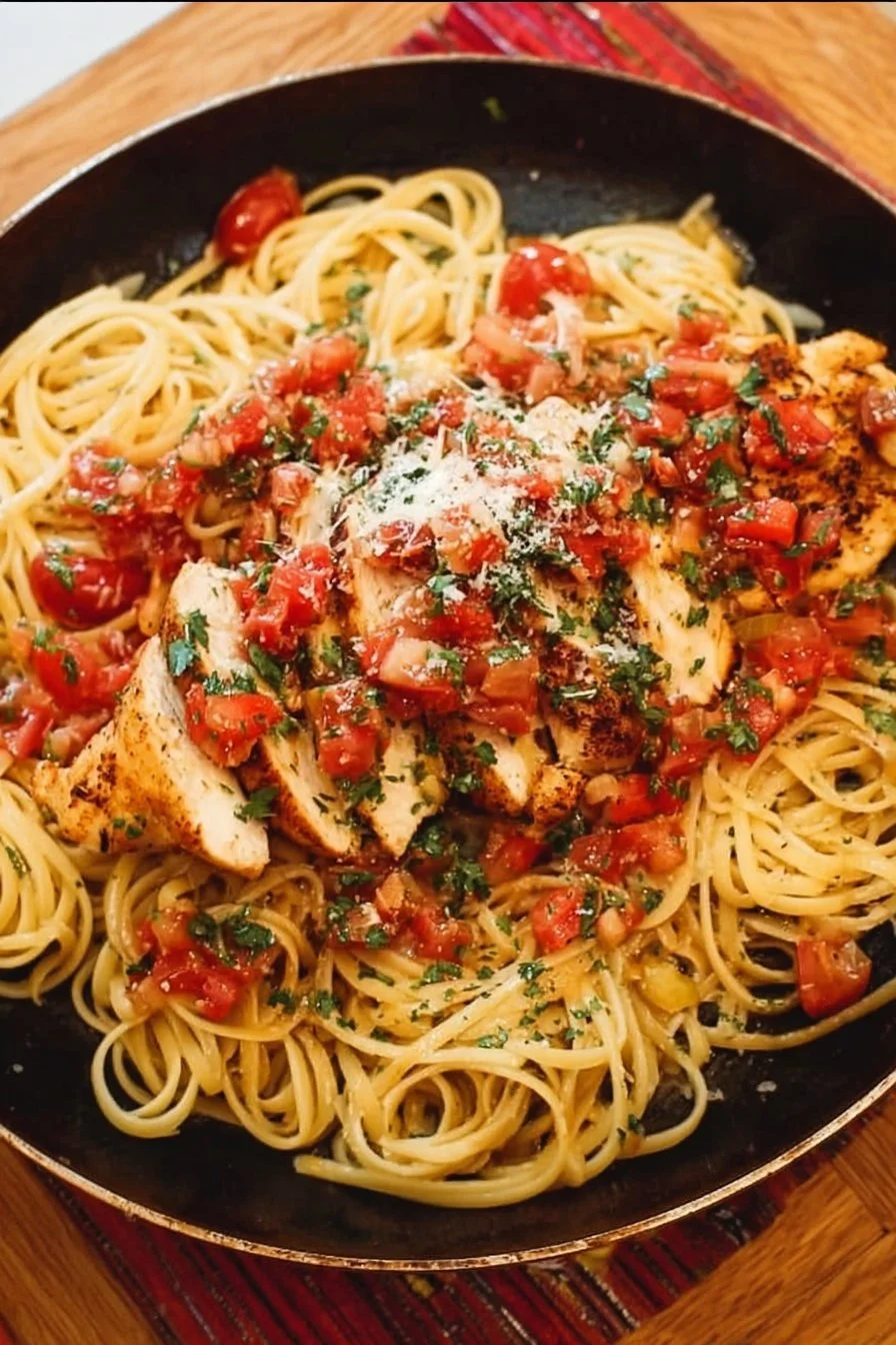 Delicious Chicken Bruschetta Pasta with tomatoes and basil on a plate