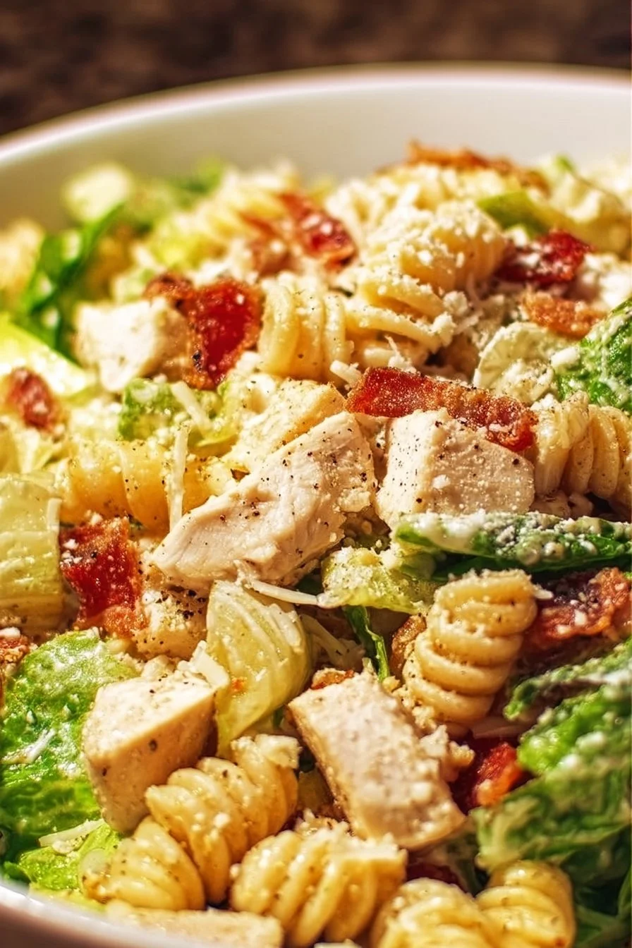 Delicious Chicken Caesar Pasta Salad with chicken, romaine lettuce, and Caesar dressing