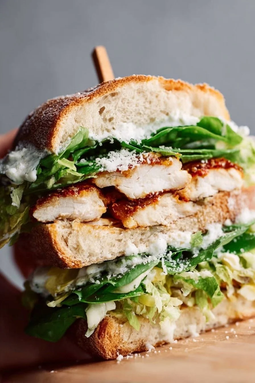 Delicious Chicken Caesar Sandwich with grilled chicken, romaine lettuce, and Caesar dressing