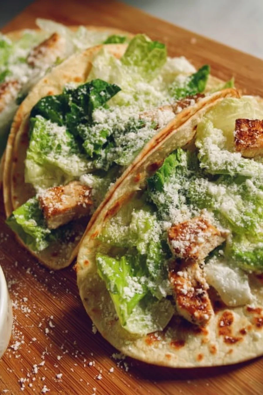Delicious Chicken Caesar Tacos with fresh toppings and Caesar dressing