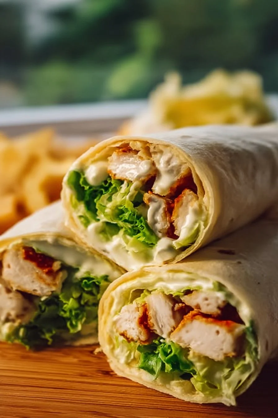 Chicken Caesar Wrap 3 Healthy Chicken Caesar Wrap filled with grilled chicken, romaine lettuce, and Caesar dressing.