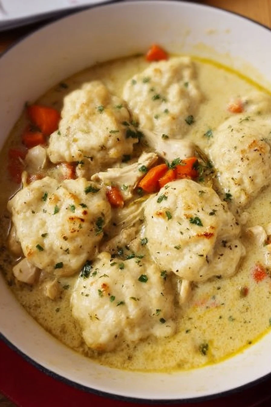 Bowl of homemade Chicken & Dumplings garnished with fresh herbs.