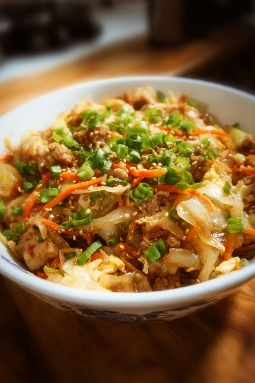 Delicious Chicken Egg Roll in a Bowl garnished with fresh vegetables