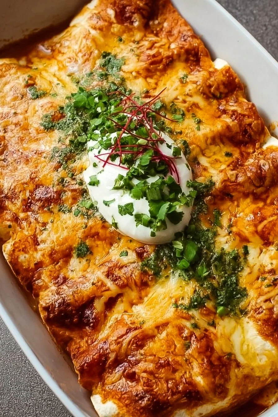 Chicken Enchiladas 2 Delicious homemade Chicken Enchiladas topped with cheese and sauce.