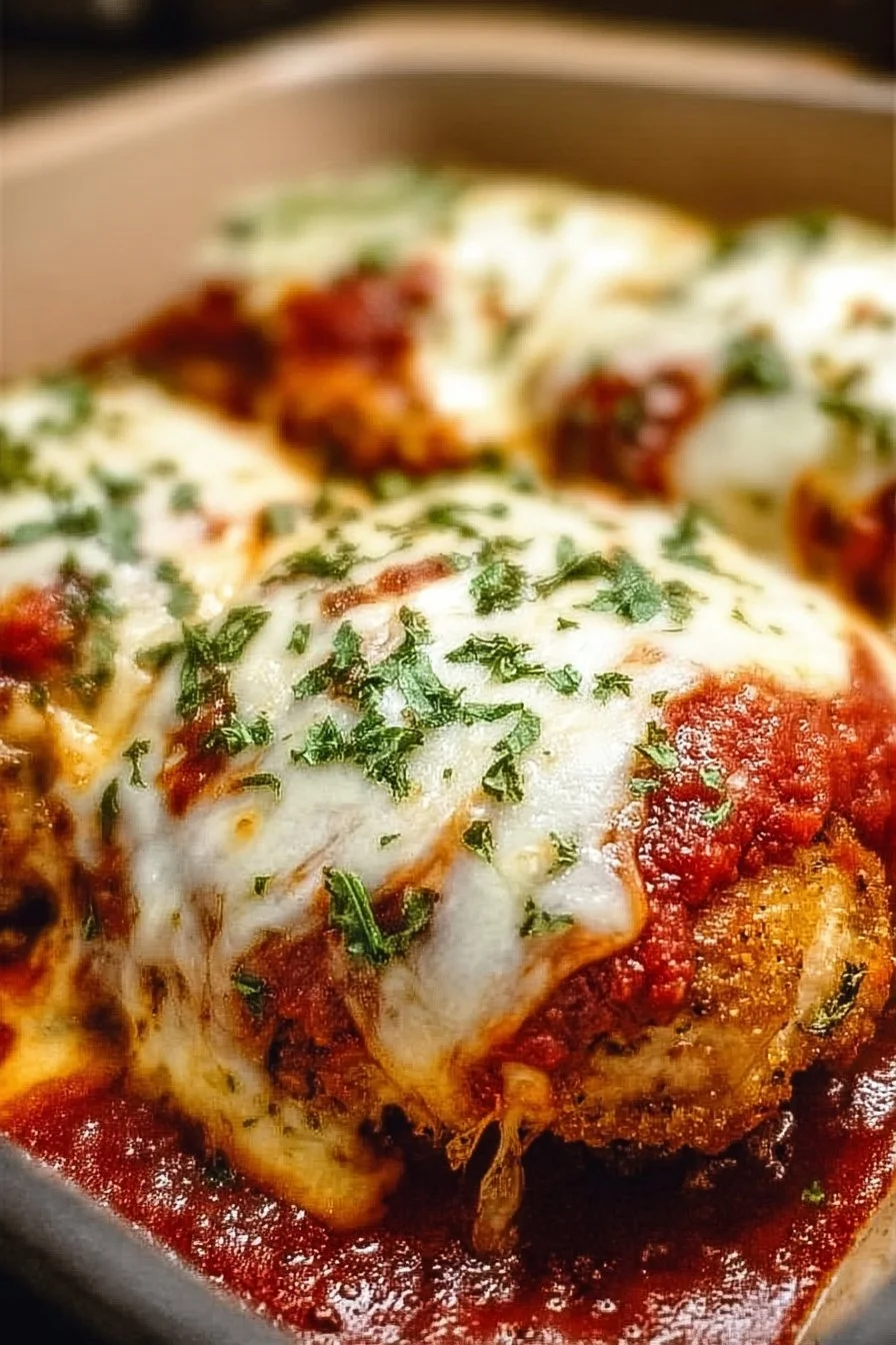 Delicious Chicken Parmesan served with marinara sauce and melted cheese