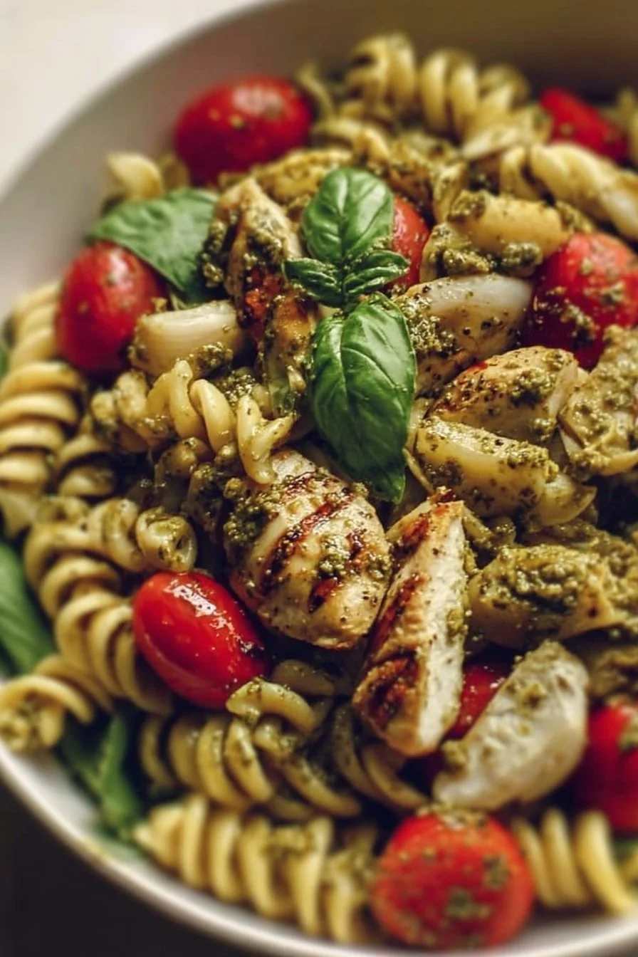 Delicious Chicken Pesto Pasta Salad served in a bowl with fresh ingredients.