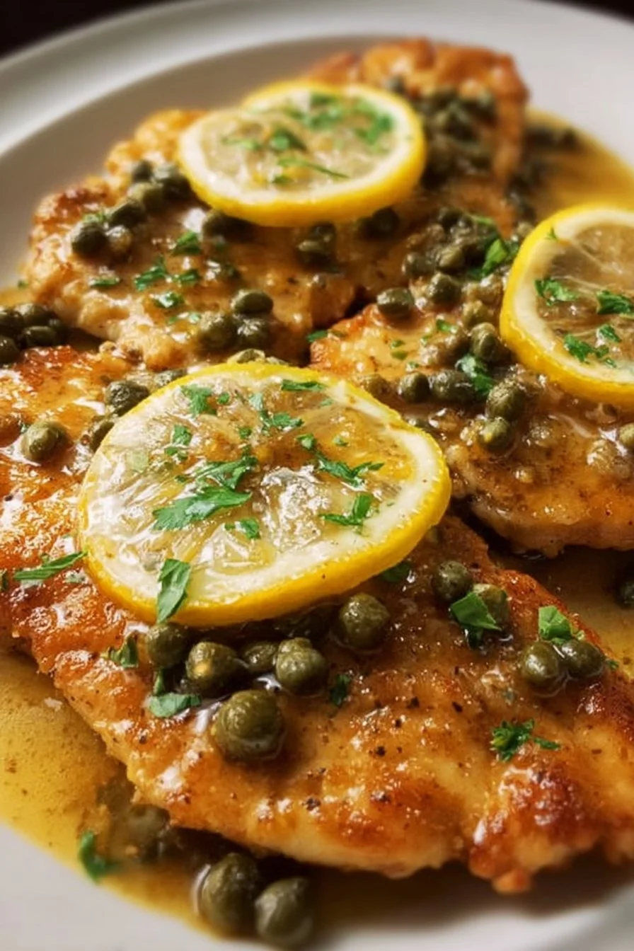 Plate of Chicken Piccata with lemon and capers served on a white dish