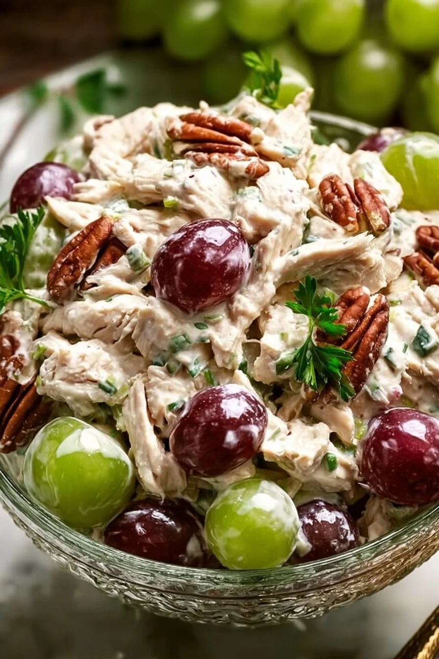 Chicken Salad with Grapes and Pecans Recipe 2 Delicious Chicken Salad with Grapes and Pecans on a serving plate