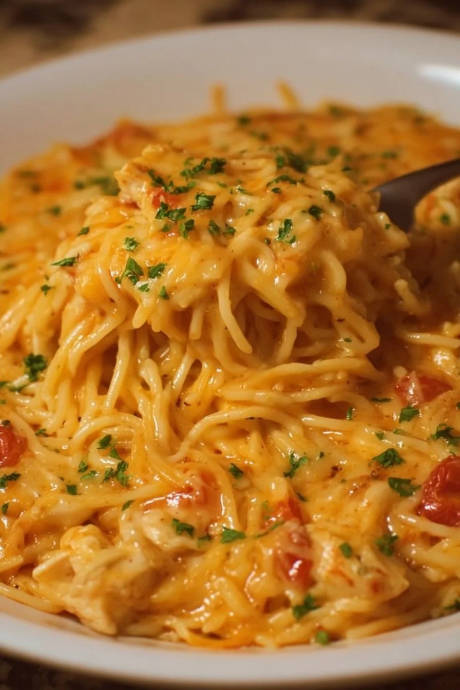 Delicious Chicken Spaghetti Casserole topped with cheese and herbs