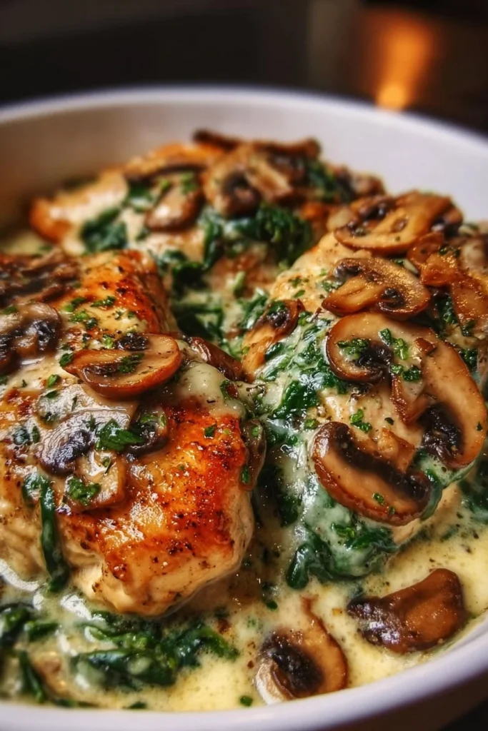 Delicious chicken, spinach, and mushroom bake dish ready to serve