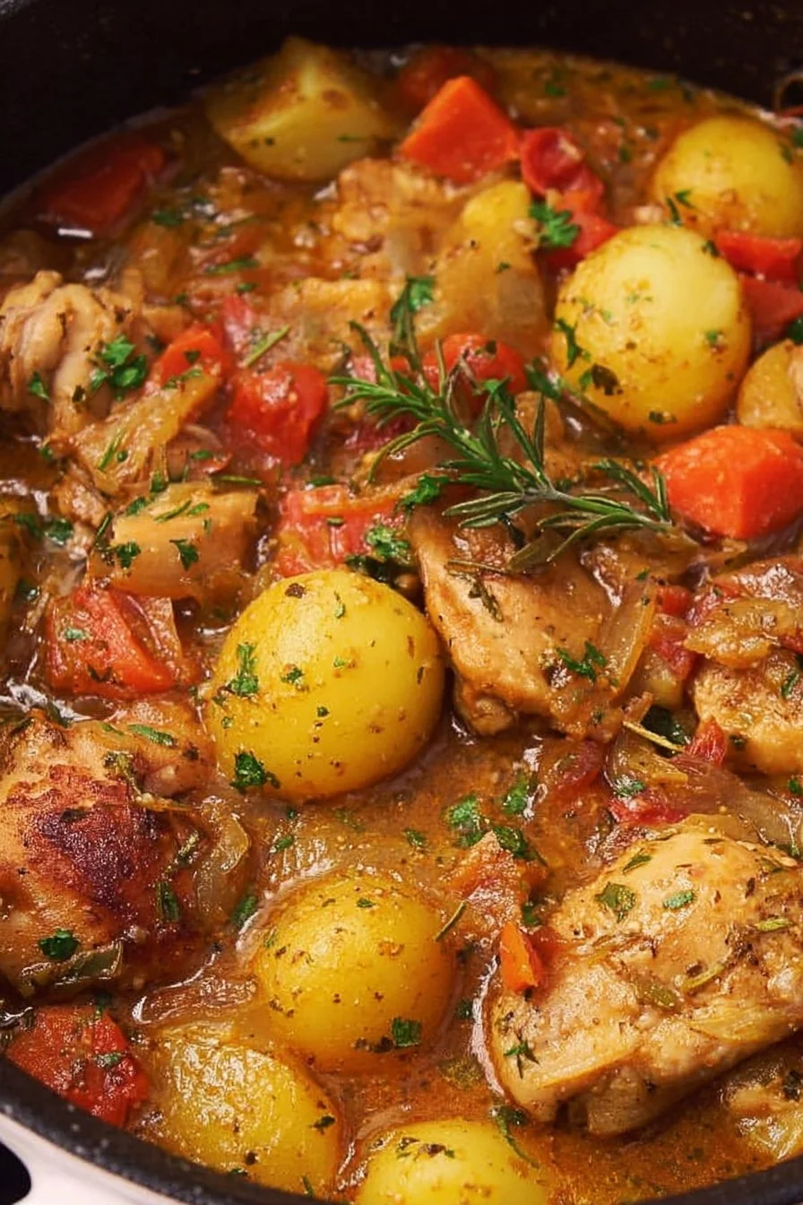 Bowl of hearty chicken stew with vegetables and herbs
